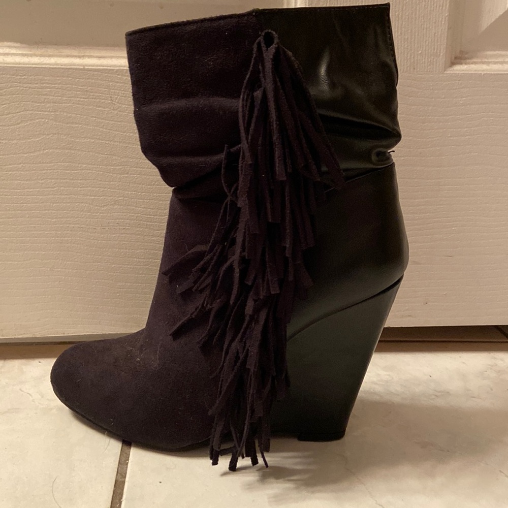Black Wedged Heel Boots with Fringe